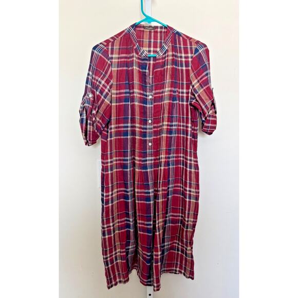 J. Mclaughlin Linen Tunic Dress Size Small Red Plaid Button Up Pintuck detail - Picture 1 of 7